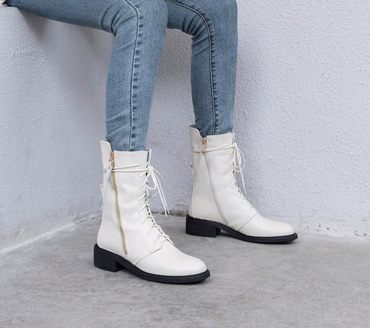 Solid Boots Lace Up Comfortable Round Toe Handmade Zipper Square Heel New Shoes Short Plush Fashion Ankle Boots - LiveTrendsX