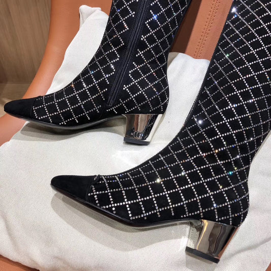 women female crystal diamond knee high genuine leather knee boots - LiveTrendsX