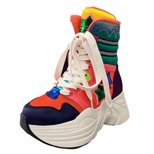 Butterfly-Knot Cross-tied Female Sneakers Shoes Colour Mixture Flat Platform Woman Shoes High-Top Platform Boots - LiveTrendsX