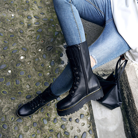 fashion new mid calf boots women round toe genuine leather boots cross tied ladies autumn winter flat platform boots - LiveTrendsX