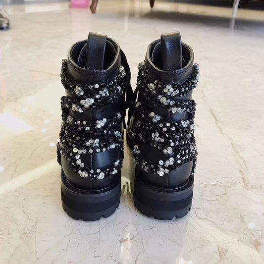 Classic Black Leather lace up Ankle Boots For Women Square heels Rhinestone Short Boots Comfortable Flat Winter Shoes Woman - LiveTrendsX