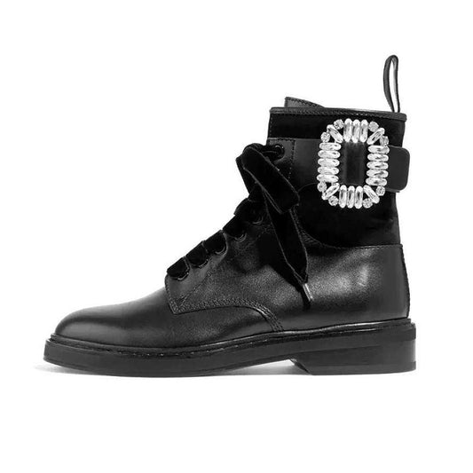 Winter Warm Plush Boots Combat Leather Ankle Boots Women Rhinestone Buckle Embellished Black Leather Round Toe Motorcycle Boots - LiveTrendsX