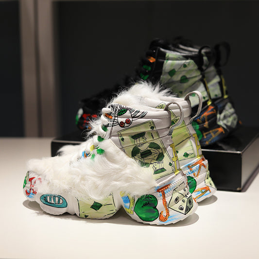 European leather maomao short boots new winter warm thick bottom graffiti curly high help female short boots - LiveTrendsX