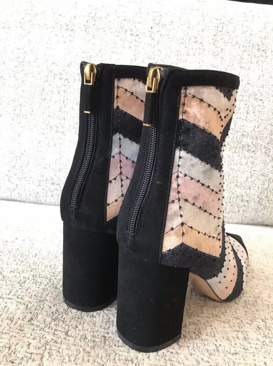 woman female colorblocked velvet high heel ankle boots booties - LiveTrendsX