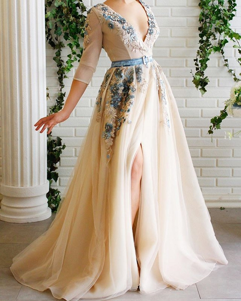 Half Sleeve Champagne Evening Dresses Elegant Split Evening Gowns Long LiveTrendsX Half Sleeve Champagne Evening Dresses Elegant Split Evening Gowns Long LiveTrendsX