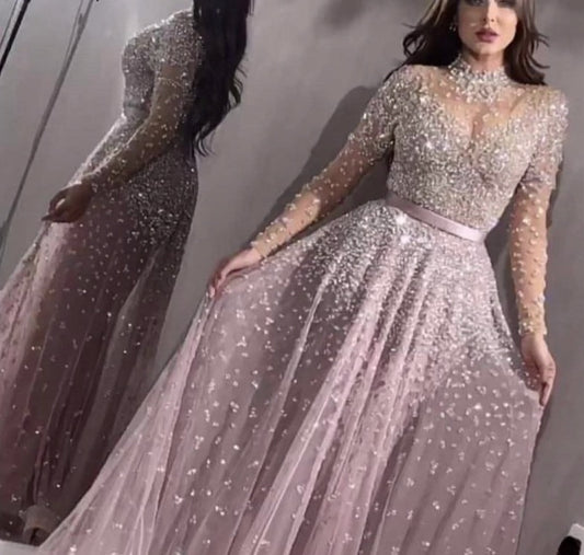 Latest Design Pink High Collar Evening Dress 2020 Long Sleeves Sequined Sexy Formal Party Gown - LiveTrendsX
