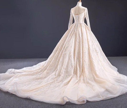 Champagne Sequin Beading O-Neck Wedding Dresses 2020 Long Sleeves Lace Up Long Train Bridal Gowns Cusotm Made - LiveTrendsX