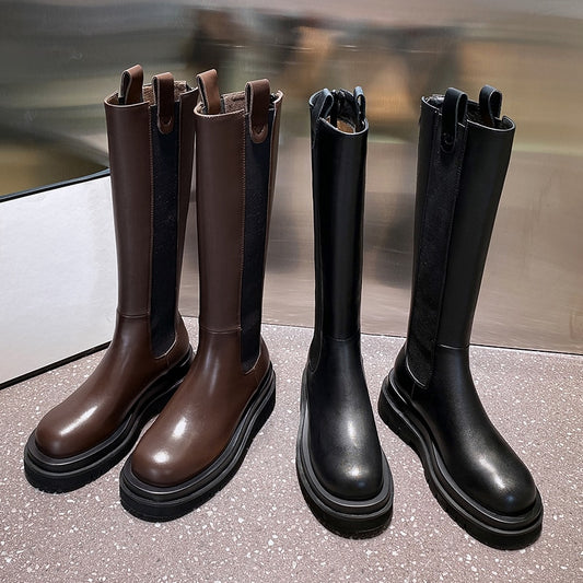 boots women Genuine Leather Thick Bottom boots Rear zipper Flat women boots party boots Fashion The knee boots - LiveTrendsX