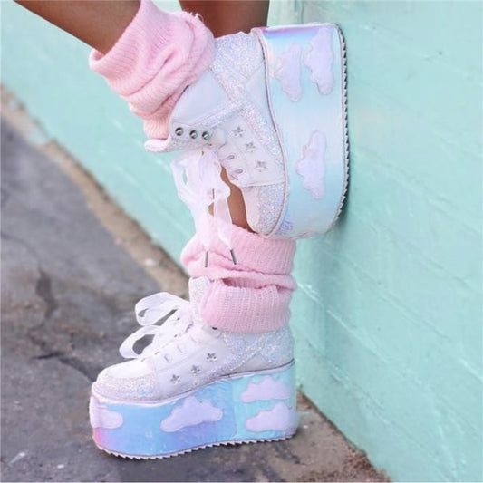 High Platform Cloud Sneakers Wedges Bling Bling Spice Girl Shoes Sky Platform Sneakers Laces High Heel Shoes Casual Street Shoes - LiveTrendsX