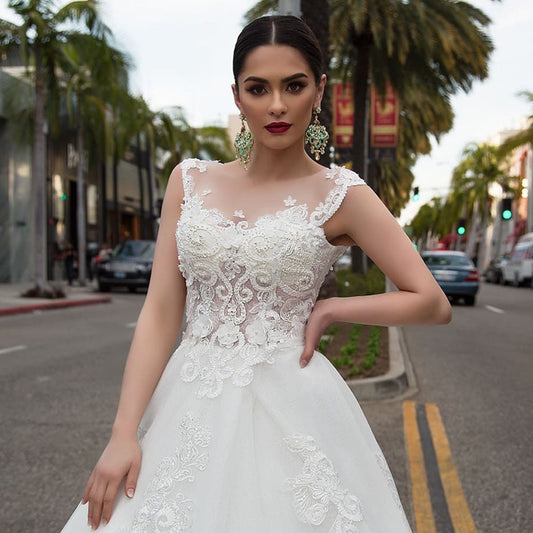 Pearls Appliques Flowers Gorgeous Ball Gown Wedding Dresses With Chapel Train Casamento See Through Sexy Bridal Dress Plus Size - LiveTrendsX