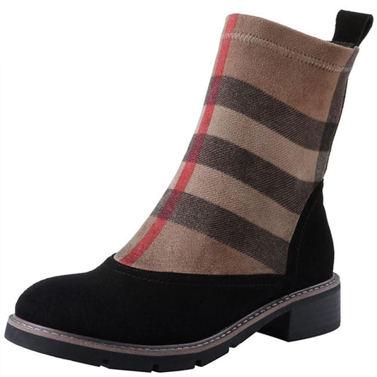 Women Ankle Boots Kid Suede Low Heels 3.5 cm Non Slip Spring Patchwork Platform Striped Lattice Black Female Winter - LiveTrendsX