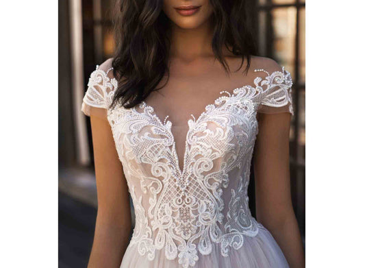 Blush Pink Beach Wedding Dresses V-neck Off Shoulder Elegant Lace Appliques Wedding Bride Gown with Sweep Train Plus Size - LiveTrendsX