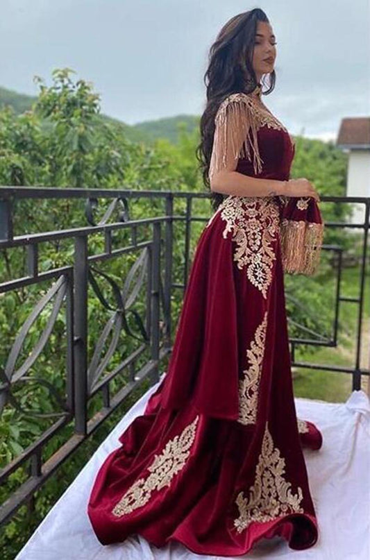 Arabic Mermaid Velvet Evening Dress 3 Pieces Overskirt Split Gold Appliques Lace Prom Gowns Tassel Algerian Outfit - LiveTrendsX