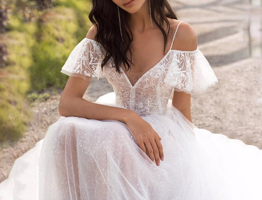 Boho Lace Pink Wedding Dress New Sweetheart Off Shoulder Appliques A-Line Illusion Princess Bride - LiveTrendsX
