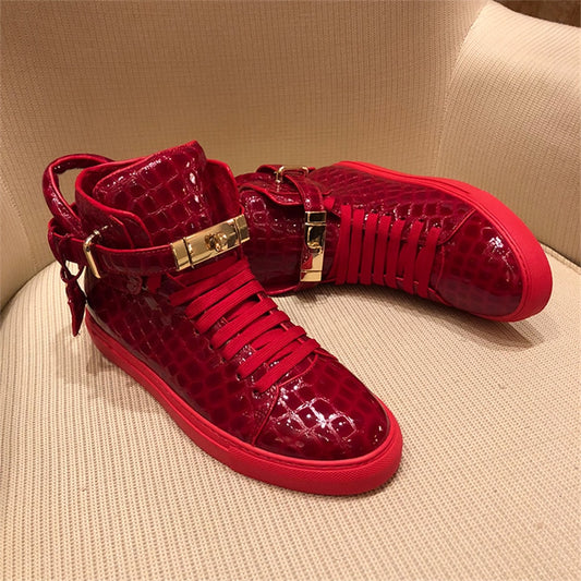 Men Embossed Crocodile High Top Sneakers Lock Lace Red Sneakers Real Leather Designer Flat Men Sneakers Casual Shoes - LiveTrendsX