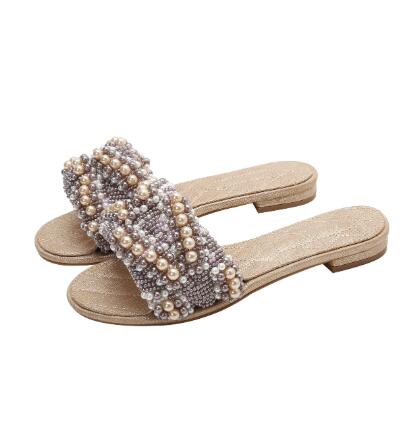 Women FlatSlipper round peep toe women Pearls Flat Slippers Outdoor Mules Flip Flop Beads Slides Beach Shoes Woman Sandalet - LiveTrendsX