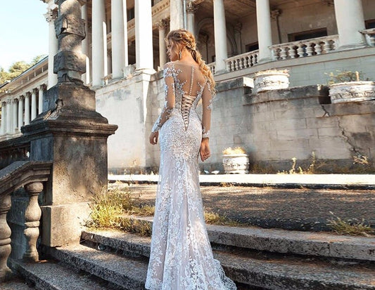 Long Sleeve Bow Appliques Lace Mermaid Wedding Dresses With Detachable Train - LiveTrendsX