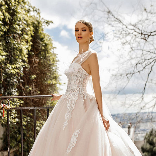 Beading Appliques Feathers Princess Ball Gown Wedding Dresses Plus Size - LiveTrendsX