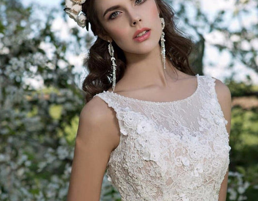 New Special A-line Wedding Dresses Robe Blanche Pearls O-neck Sleeveless Backless Crystal Lace Flowers Tulle Wedding Gowns - LiveTrendsX