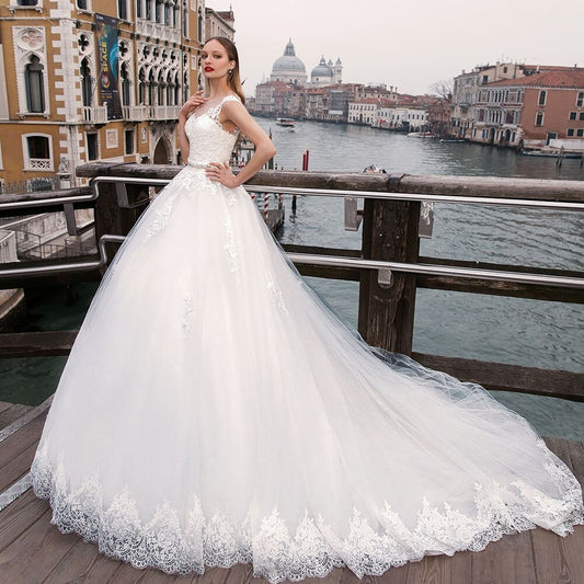 Beaded Crystal Waist Bow Appliques Princess A-line Wedding Dress Plus Size Robe Femme Buttons Up Back White Bridal Gowns - LiveTrendsX