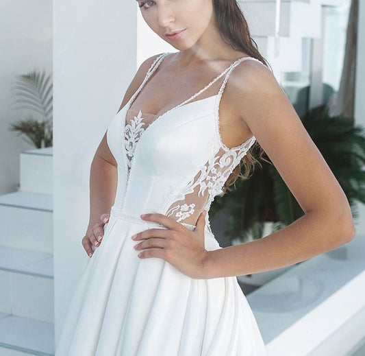 Best France Satin Wedding Gowns A-line With Chapel Train Plus Size China Shop Online Beading Appliques White Bridal Dress - LiveTrendsX