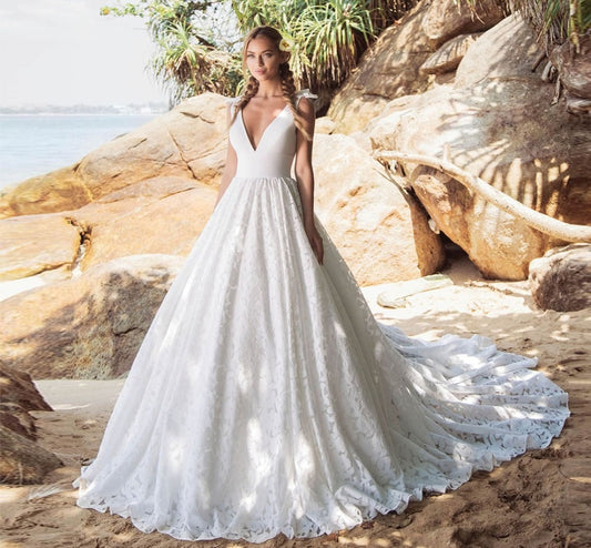 New Special Satin Lace A-line Wedding Dresses Vestido De Casamento V-neck Backless Bow Wedding Gowns Trouwjurk - LiveTrendsX