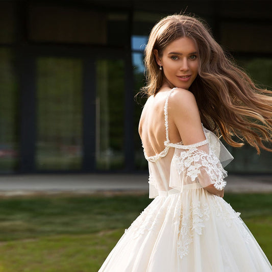 Princess A-line Wedding Dresses Vestido De Noiva Princesa Shoulder Straps Short Sleeve Zipper Up Appliques Beading Bridal Gowns - LiveTrendsX