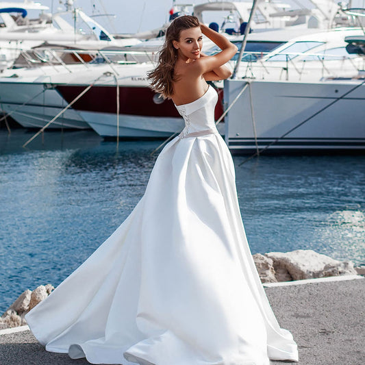 Best France Satin Wedding Dress A-line Plus Size Suknia Slubna Strapless Lace Up Back Simple Bridal Gowns - LiveTrendsX