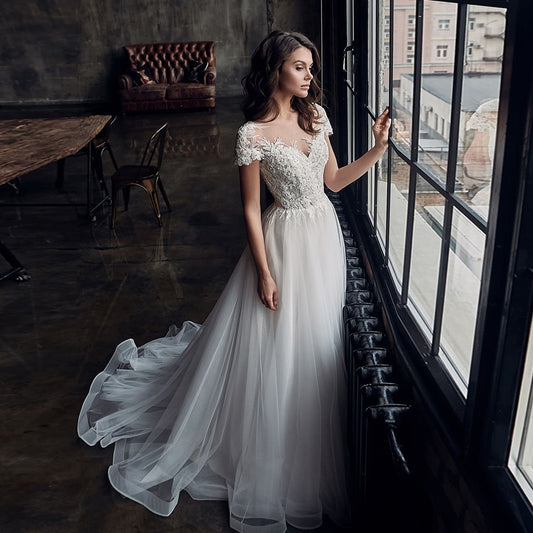 Beach Wedding Dresses Boho Vestido De Novia Bohemio Short Sleeve Buttons Up Back Appliques Beading Tulle Wedding Gowns Elegant - LiveTrendsX