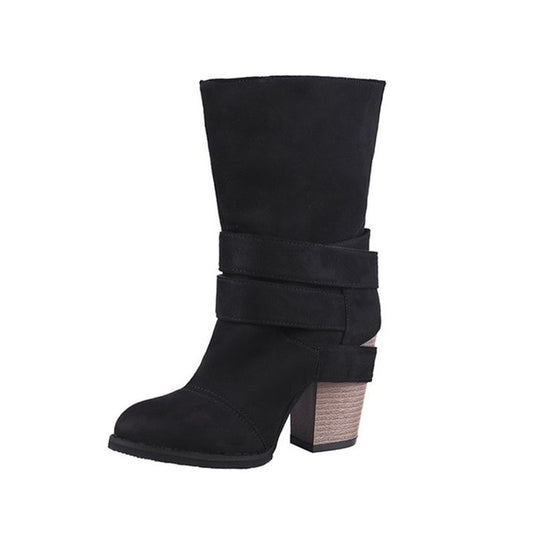 Women Boots Fashion round Toe Women winter Boots Comfortable Square Heel Flock Shoes Women Belt decoration Mid-calf Martin Boots - LiveTrendsX