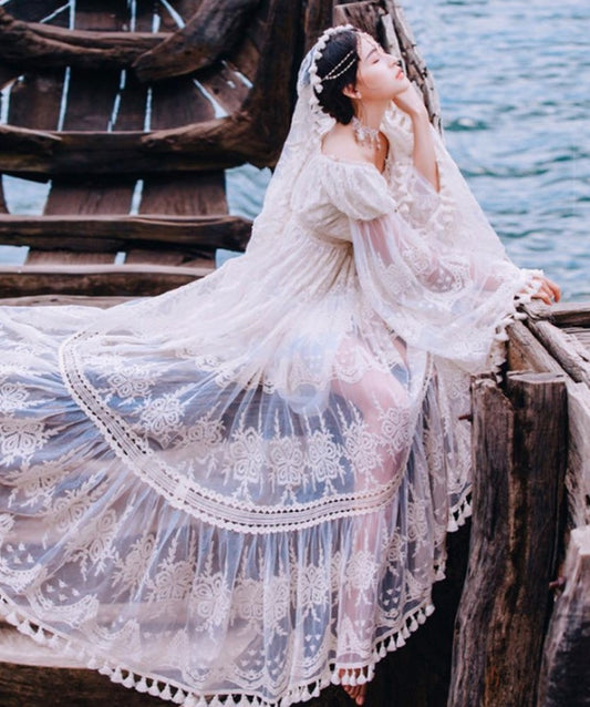 Summer Lace Long Women Dress Evening Party Maxi Vintage Lady White Off The Shoulder Floor-length Tassel Dress Tunic - LiveTrendsX