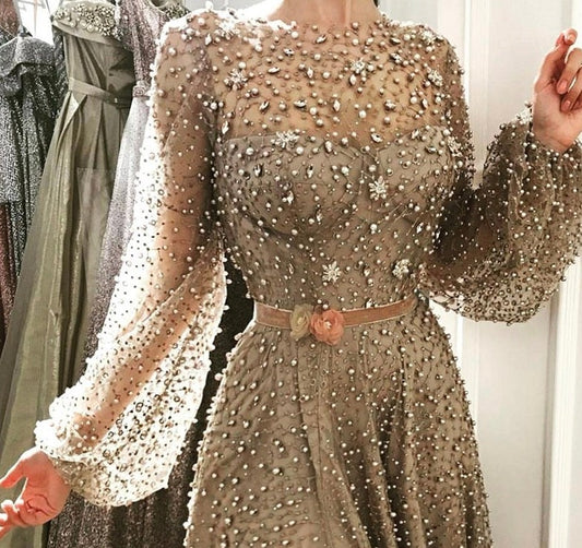 長袖ビーズフォーマルイブニングプロムパーティーガウンドレス