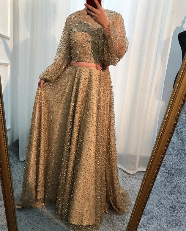 長袖ビーズフォーマルイブニングプロムパーティーガウンドレス