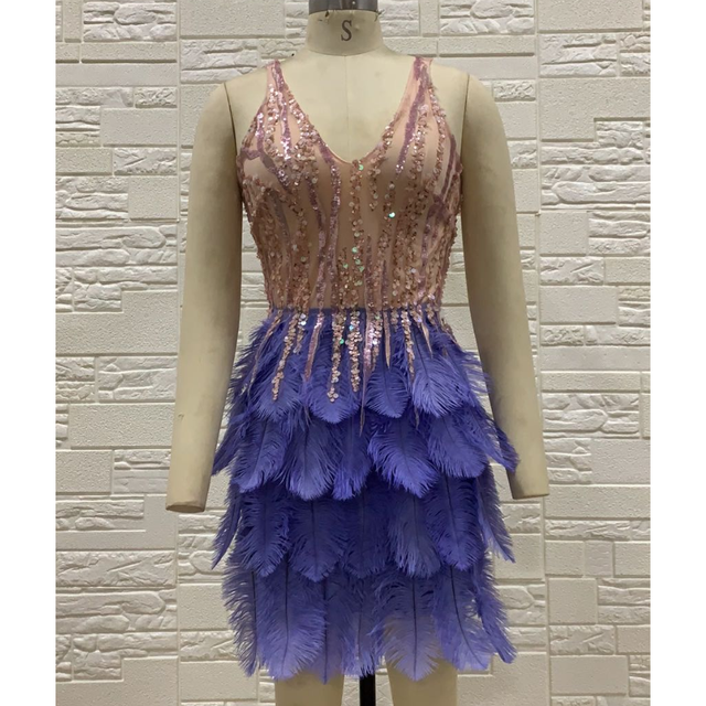 Pink Blue Feathers Rayon Bandage Dress Night Club