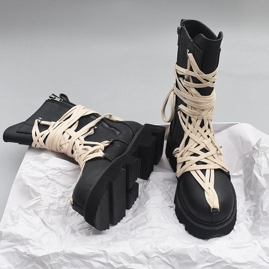 2020 Autumn and Winter New British Style Thick-soled High-top Lace-up Short Boots Side Zipper Mid-tube Boots Shoes Woman - LiveTrendsX
