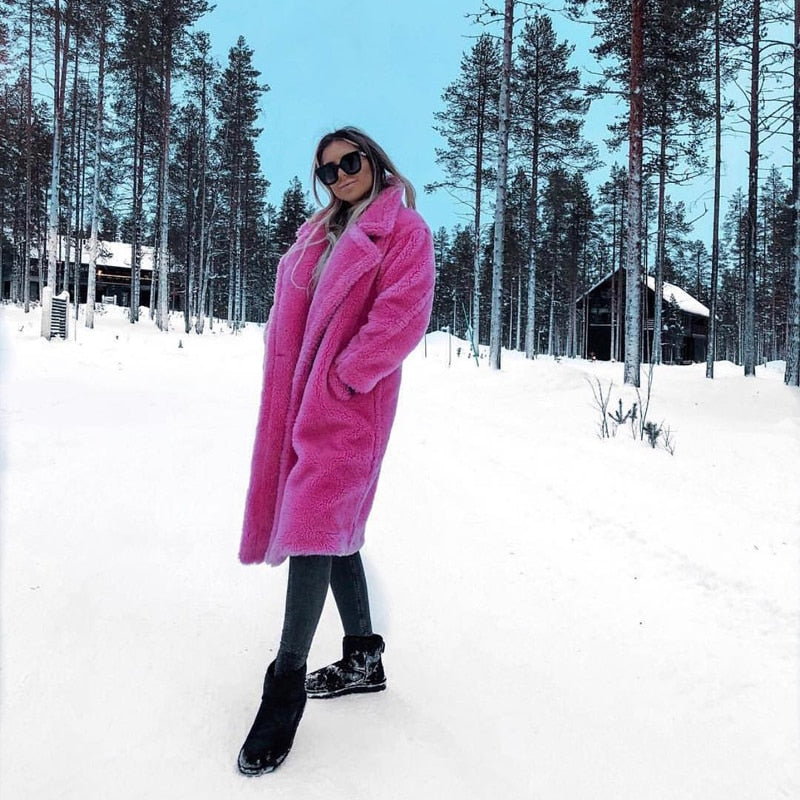 Pink Long Teddy Bear Jacket Coat Women Winter Thick Warm