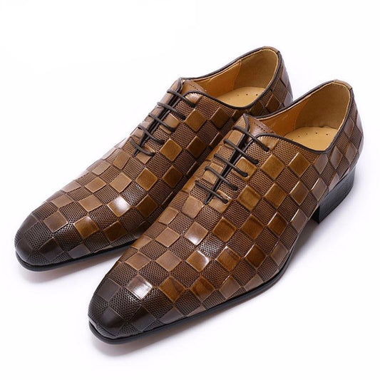 LEATHER SHOES MEN NEW FASHION PLAID PRINTS LACE UP BLACK BROWN WEDDING OFFICE SHOES - LiveTrendsX