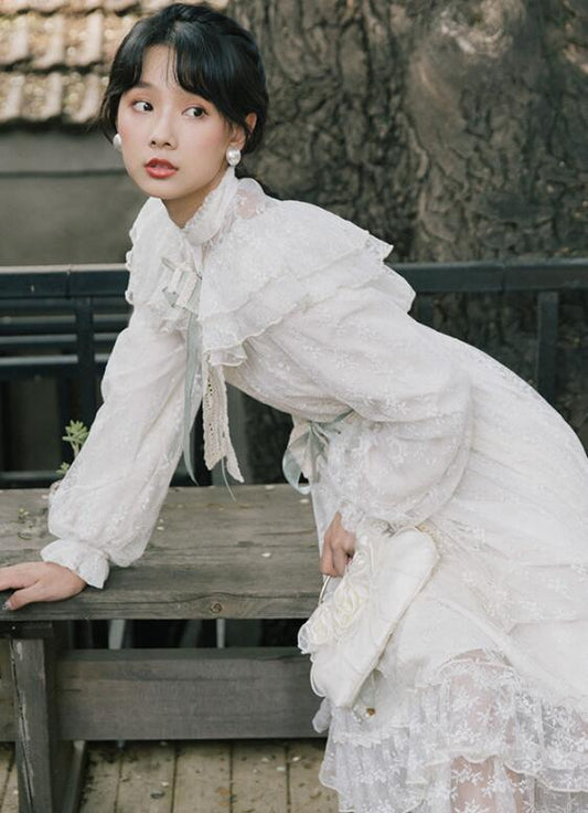 Autumn Winter New Arrival Retro Stand Collar Long Sleeve Woman Gauze Lace Long Dress With Brooch - LiveTrendsX