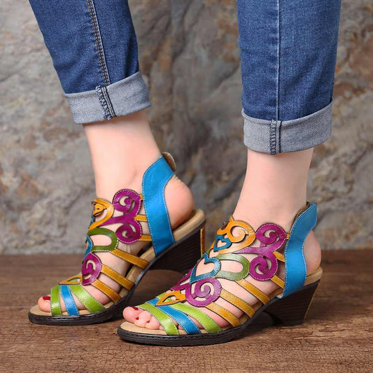 Hollow Sandals Genuine Leather Love Shape Soft Hook Loop Low Heel Sandals Ladies Shoes Women Shoes Elegant High Heels - LiveTrendsX