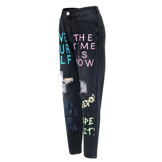 Letter Distressed Denim Pants