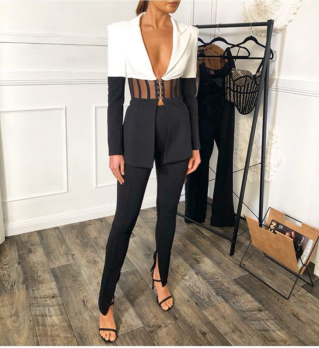 High Quality White Black Long Sleeve Hollow Out Bodycon 2 Pieces Set Fashion Set Evening Party Set