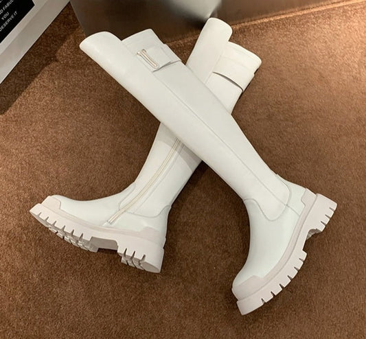 女性用高品質牛革プラットフォームサイハイブーツ