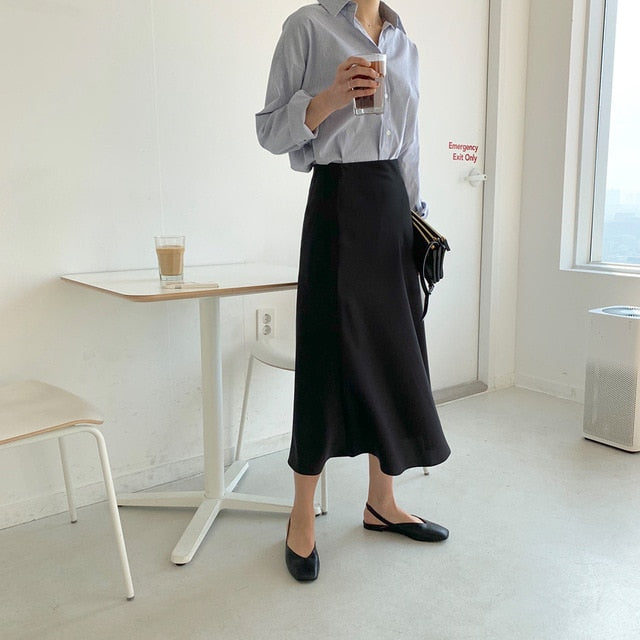 Elegant High Waist Satin Skirt Women