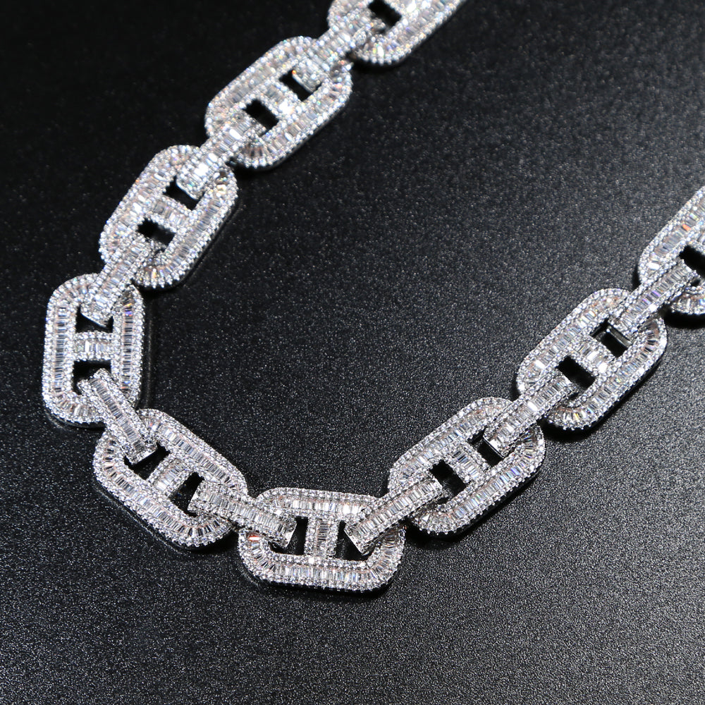 5A Baguette CZ Cuban Necklace Silver Gold Lock Pin Link Chain