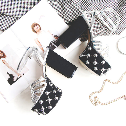 Blingbling Microfiber Leather Women Sandals Thin Strap Buckle Super High Heels Party Night Club Shoes - LiveTrendsX