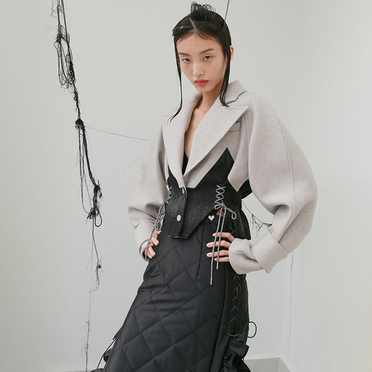 パッチワーク レースアップ 蝶結び ジャケット レディース ラペル ショート トップス