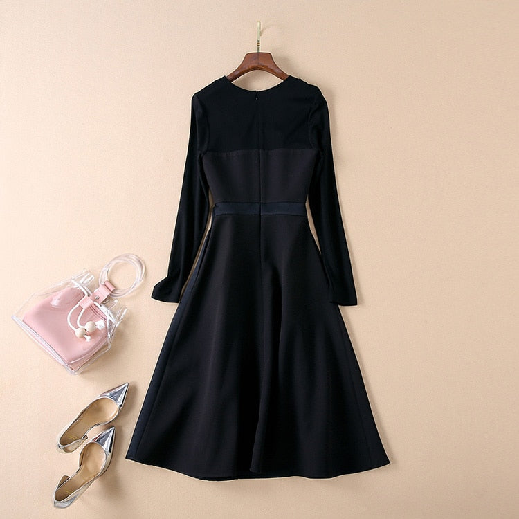 Women's V-neck vintage Embroidered slim black party dresses