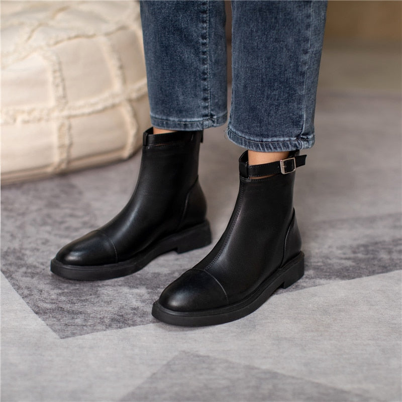 女性用アンクルブーツ ジッパー 簡潔なデザイナー 厚底ヒールシューズ