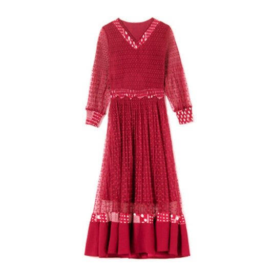 Autumn new temperament waist slimming fashion V-neck gentle light cooked wind mesh splicing dress female - LiveTrendsX