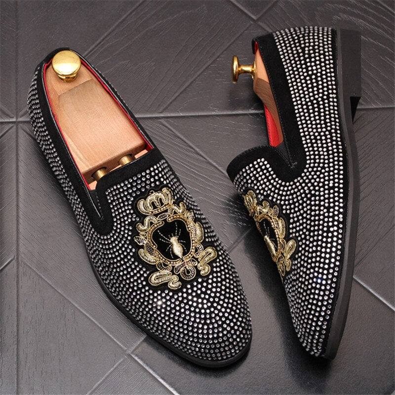Embroidery Luxury Men's Casual Loafers Rhinestone Slip-on Lazy Prom Wedding Party Dress Shoes - LiveTrendsX